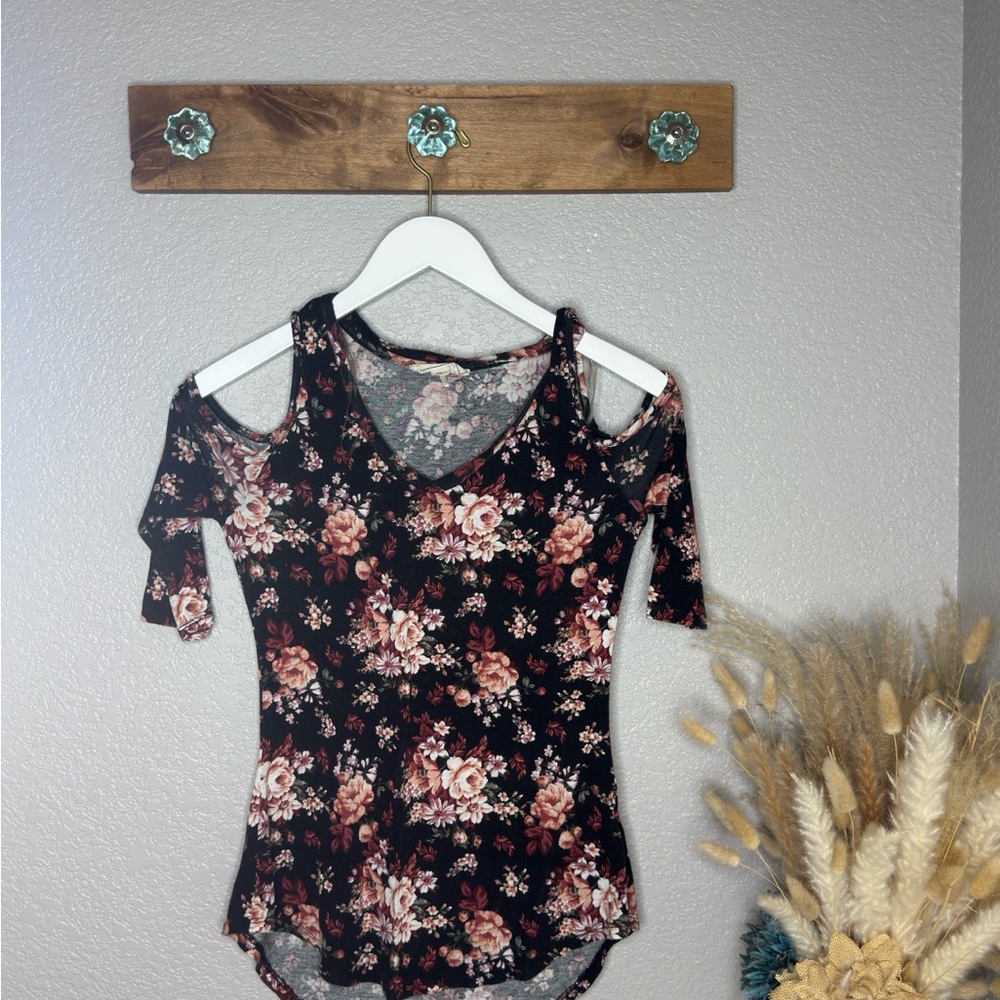 Floral Cold Shoulder Top - Black and Pink